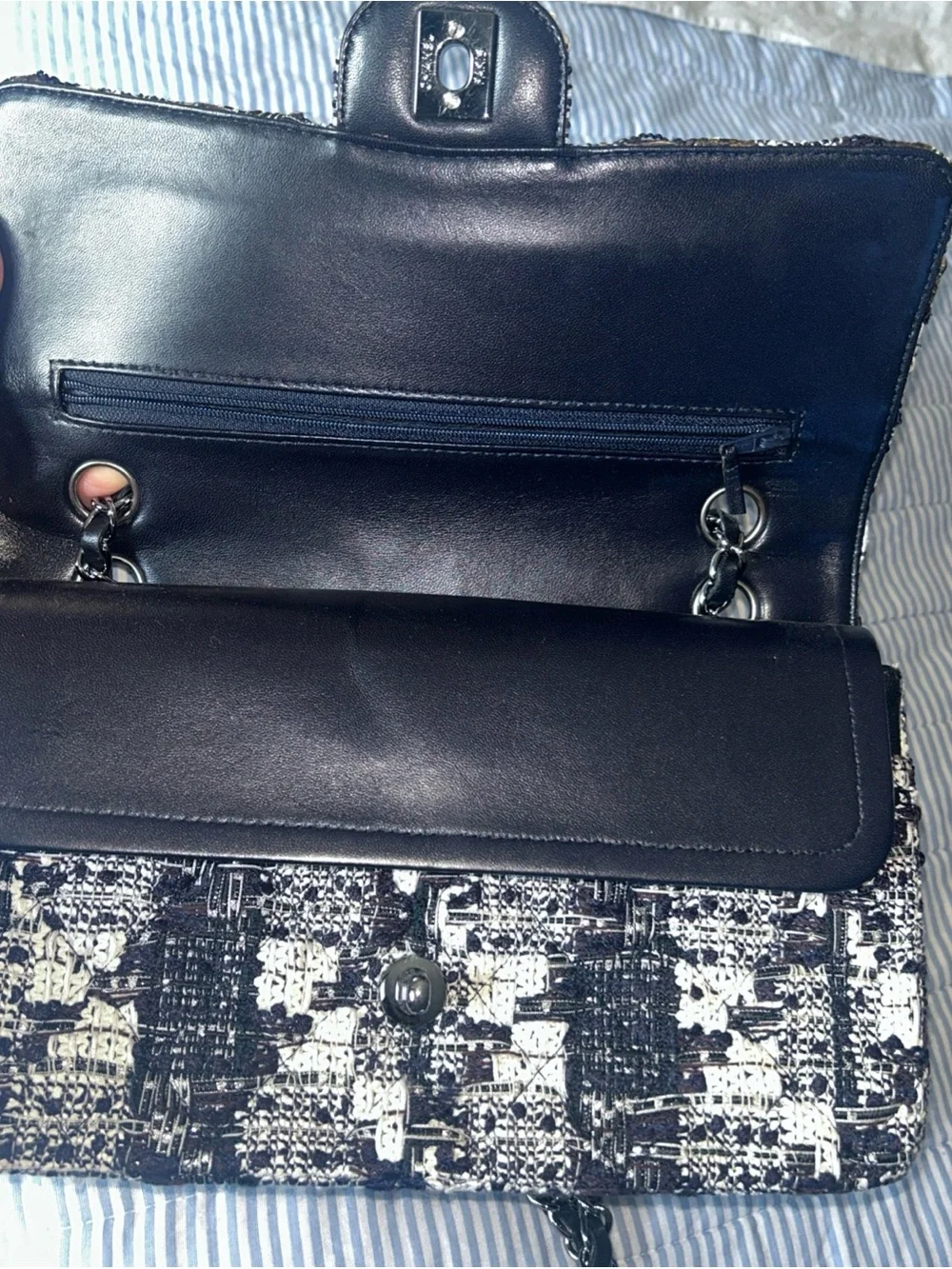 Chanel Navy Black Tweed Double Flap Double Chain Shoulder Bag 25 Silver Chain